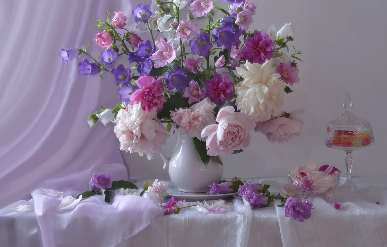 Photo wallpaper flowers, petals, plate, sweets, pitcher, still life, bells, peonies
