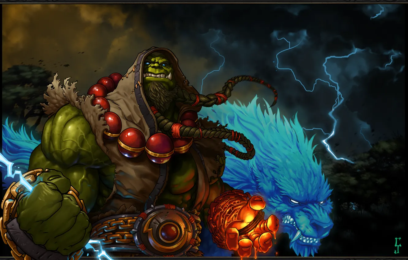 Photo wallpaper lightning, wolf, World of Warcraft, Blizzard, Orc, wolf, the leader, Thrall