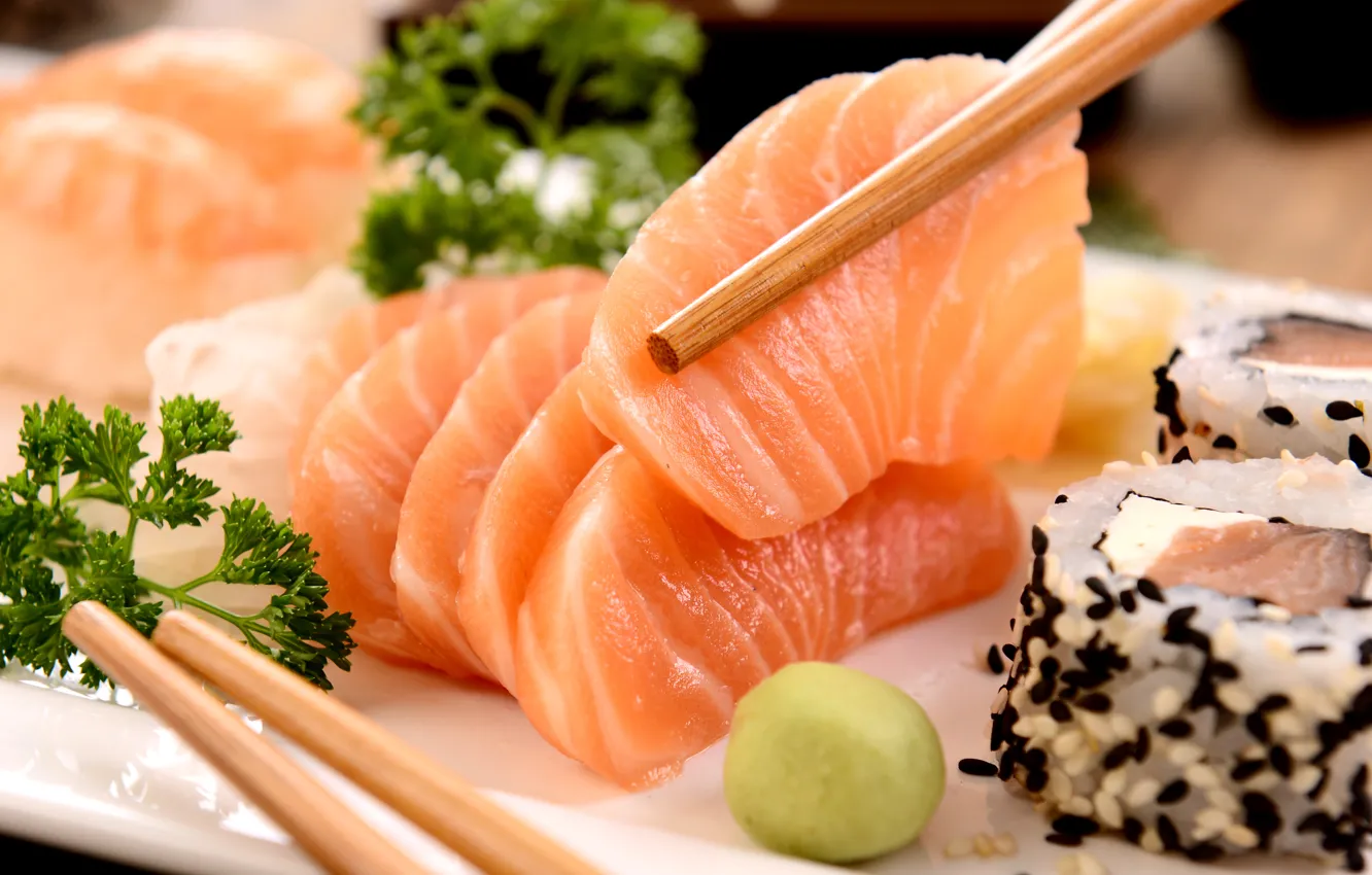 Photo wallpaper fish, sticks, sushi, sushi, fish, Japanese cuisine, parsley, sticks