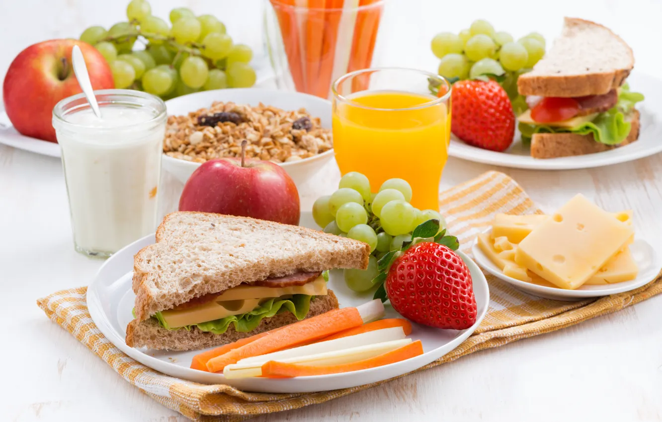 Photo wallpaper apples, Breakfast, cheese, strawberry, juice, bread, grapes, sandwich