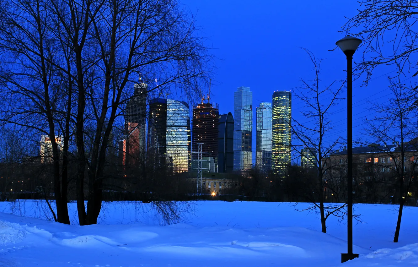 Photo wallpaper winter, the sky, snow, trees, night, city, the city, lights