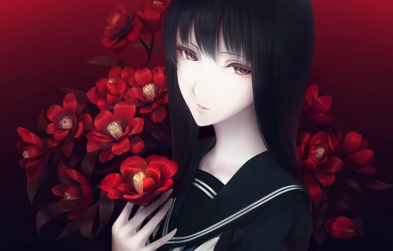 Photo wallpaper girl, flowers, anime, art, form, schoolgirl, Camellia, erise