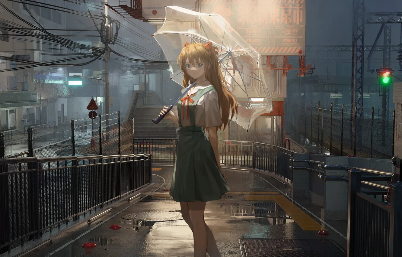 Photo wallpaper road, girl, rain, street, umbrella, Neon Genesis Evangelion, Asuka Langley Soryu