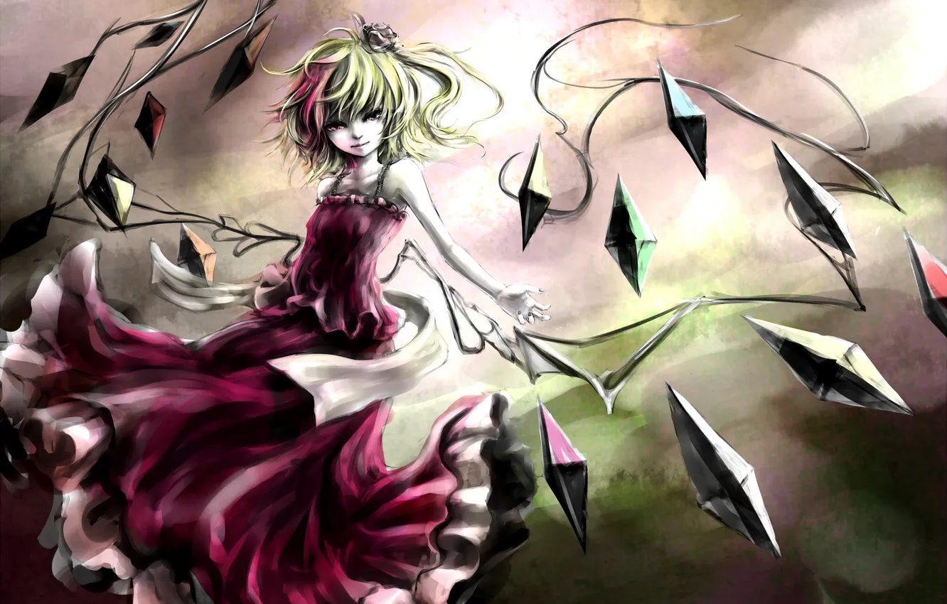 Photo wallpaper girl, wings, dress, art, crystals, touhou, Flandre Scarlet