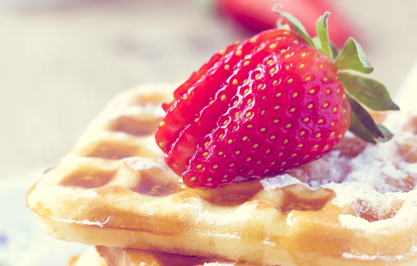Photo wallpaper strawberry, berry, waffles, syrup