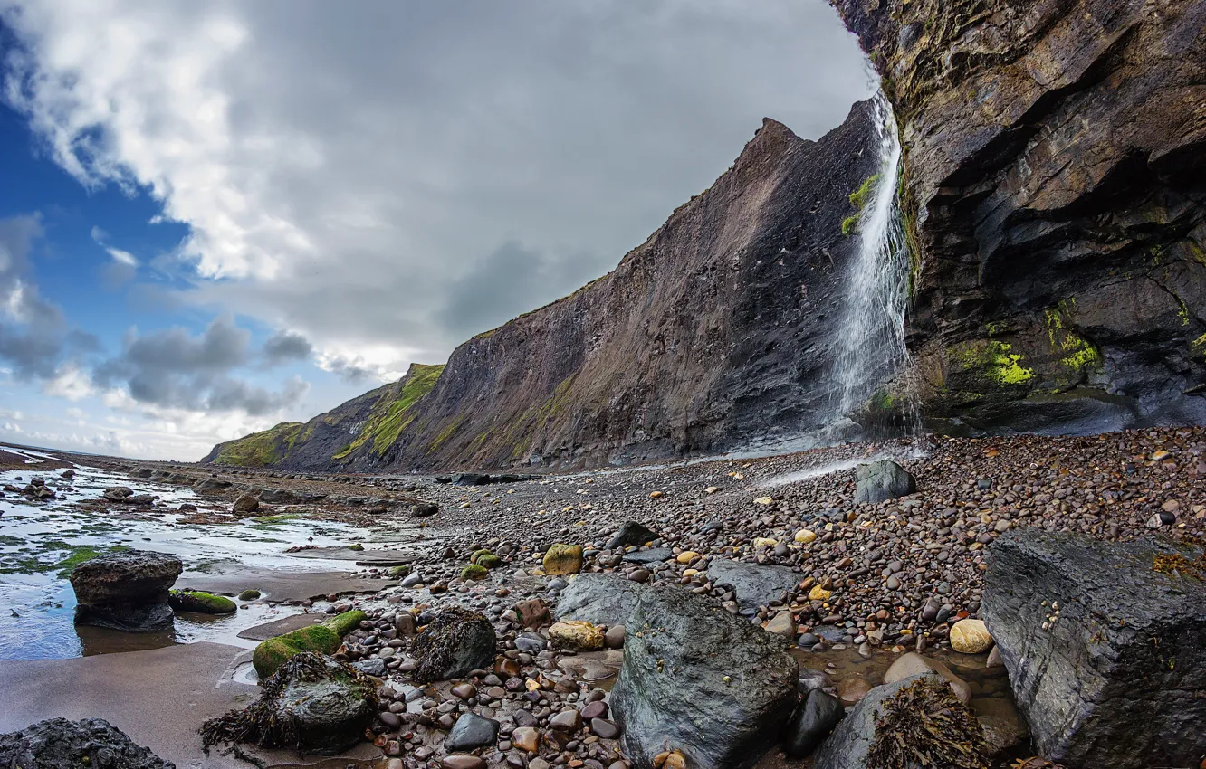 Photo wallpaper the sky, clouds, stones, rocks, shore, waterfall