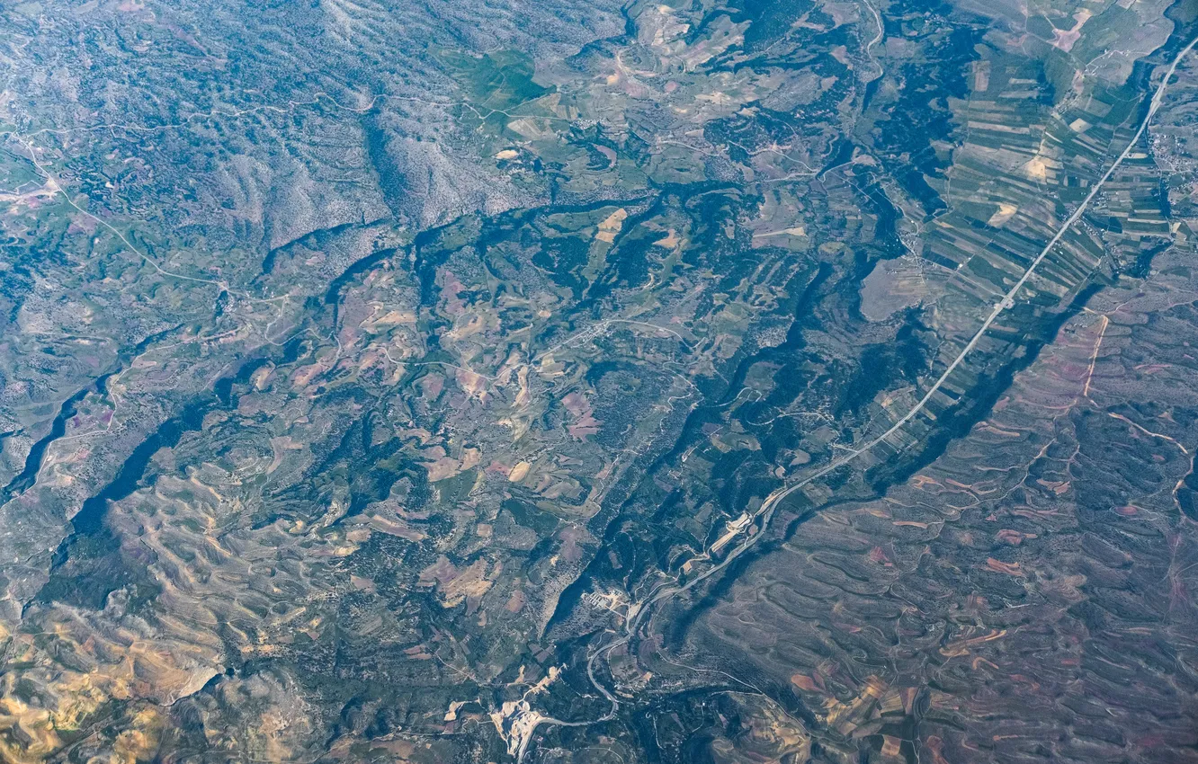 Photo wallpaper flight, the city, river, earth, planet, height, valley, settlement