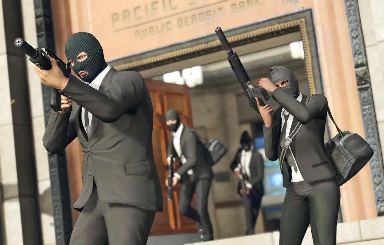 Photo wallpaper weapons, people, thieves, mask, bags, robbery, GTA, Rockstar