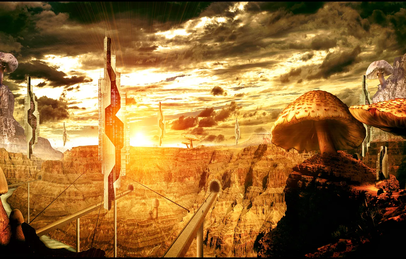 Photo wallpaper clouds, bridges, kingdom of mushrooms