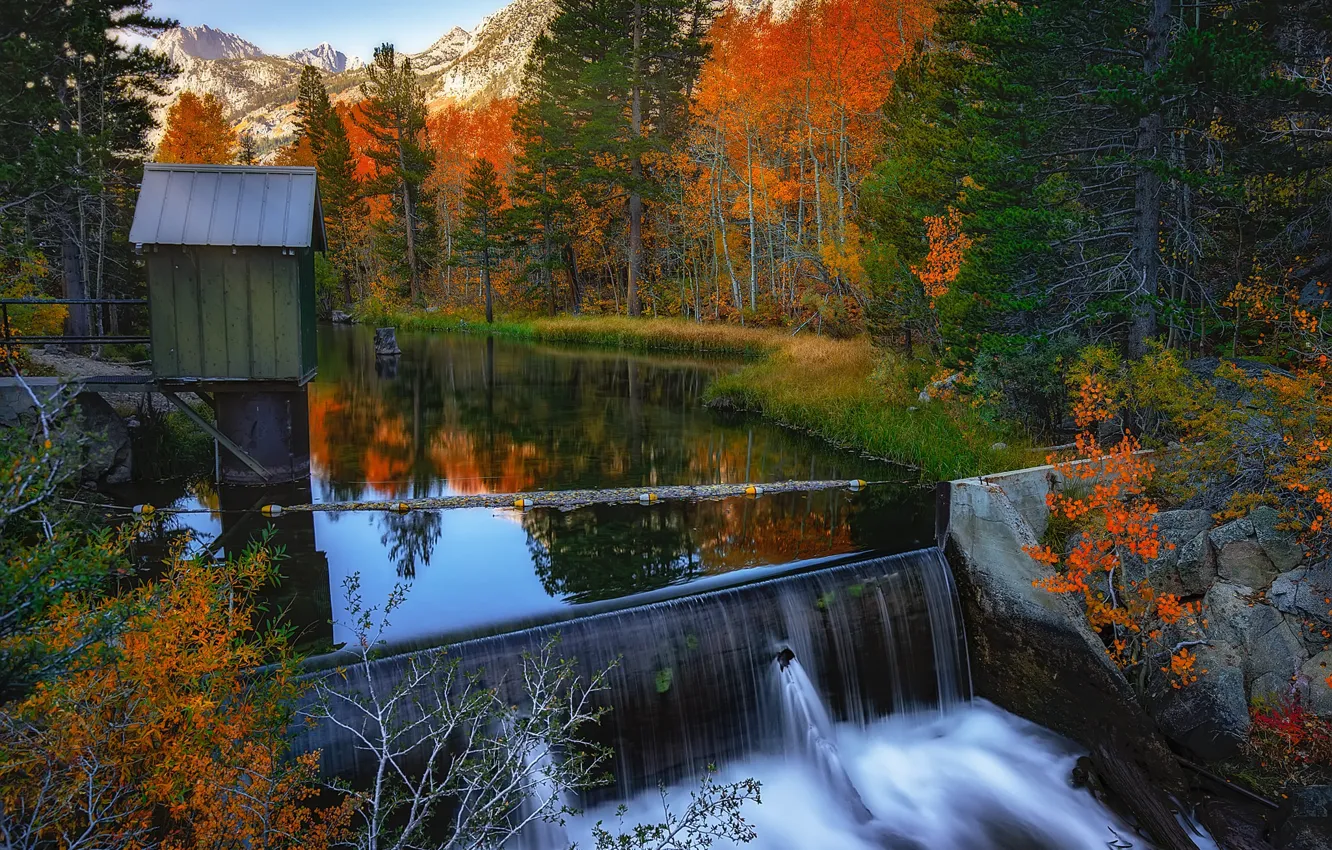 Photo wallpaper autumn, forest, trees, lake, waterfall, CA, house, California