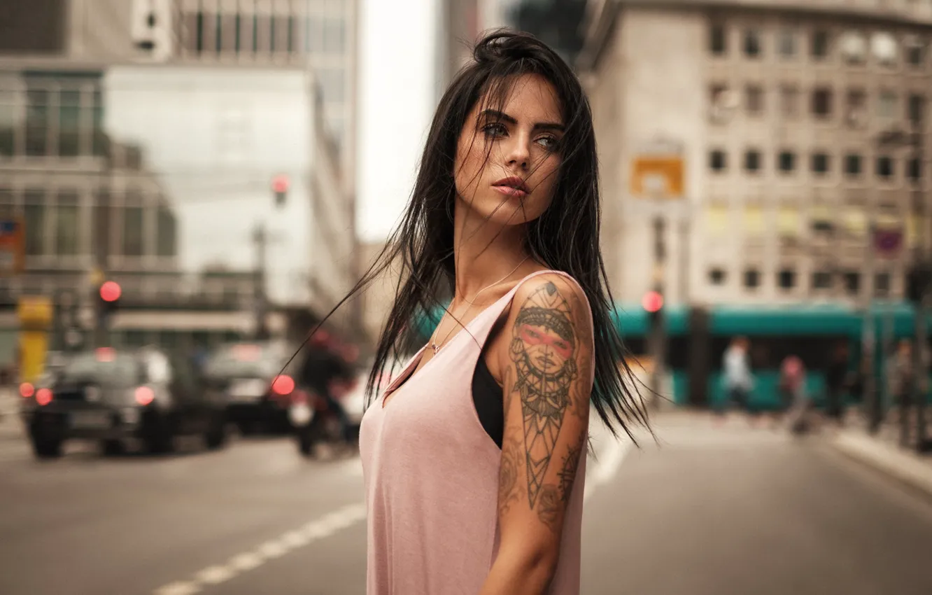 Photo wallpaper city, girl, model, tatoo, hair, look, Martin Kuhn, Marlen Alvarez Valderrama