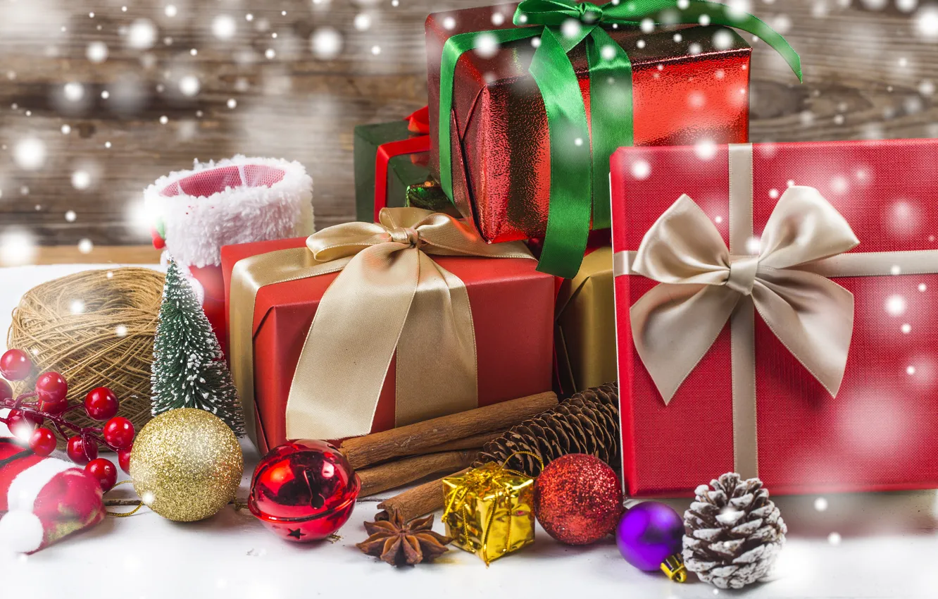 Photo wallpaper holiday, gift, new year, spruce, bow