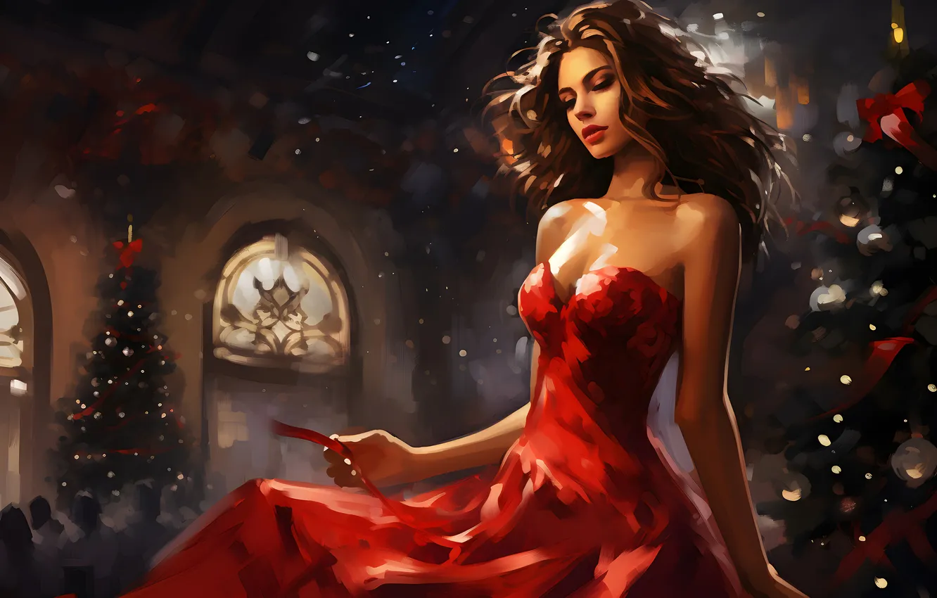 Photo wallpaper girl, tree, new year, dress, Christmas, Christmas tree, digital art, AI art