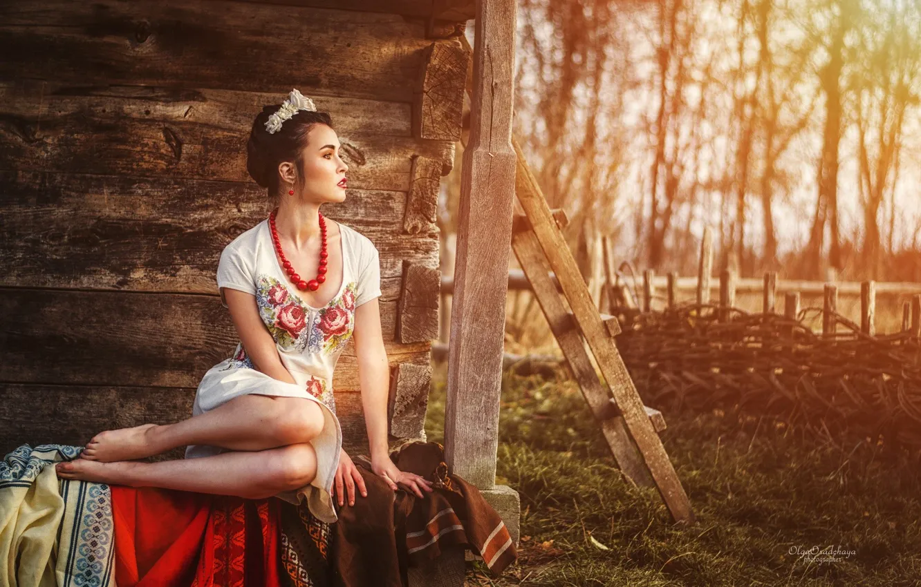 Photo wallpaper grass, trees, pose, model, the fence, portrait, home, makeup