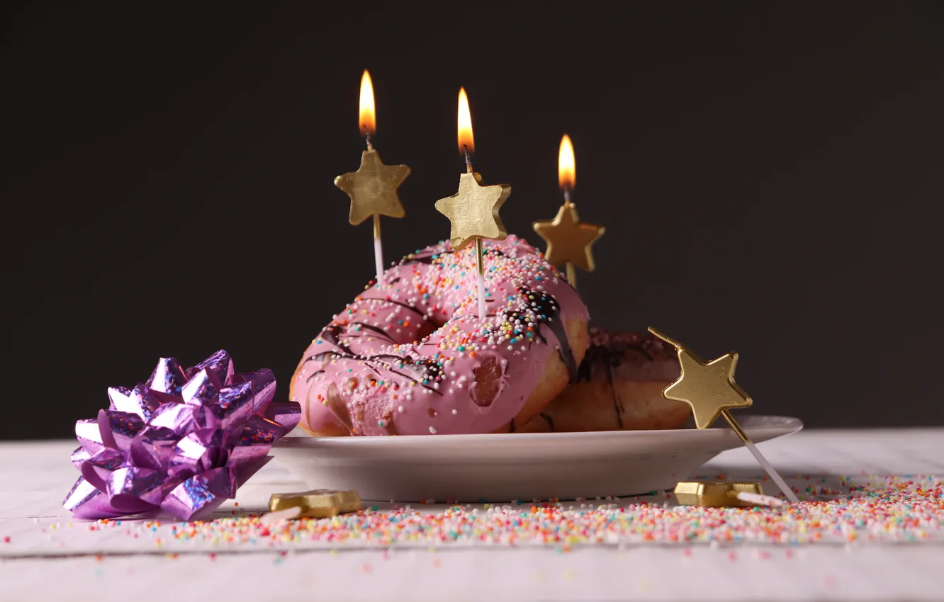 Photo wallpaper food, candles, donuts, bow