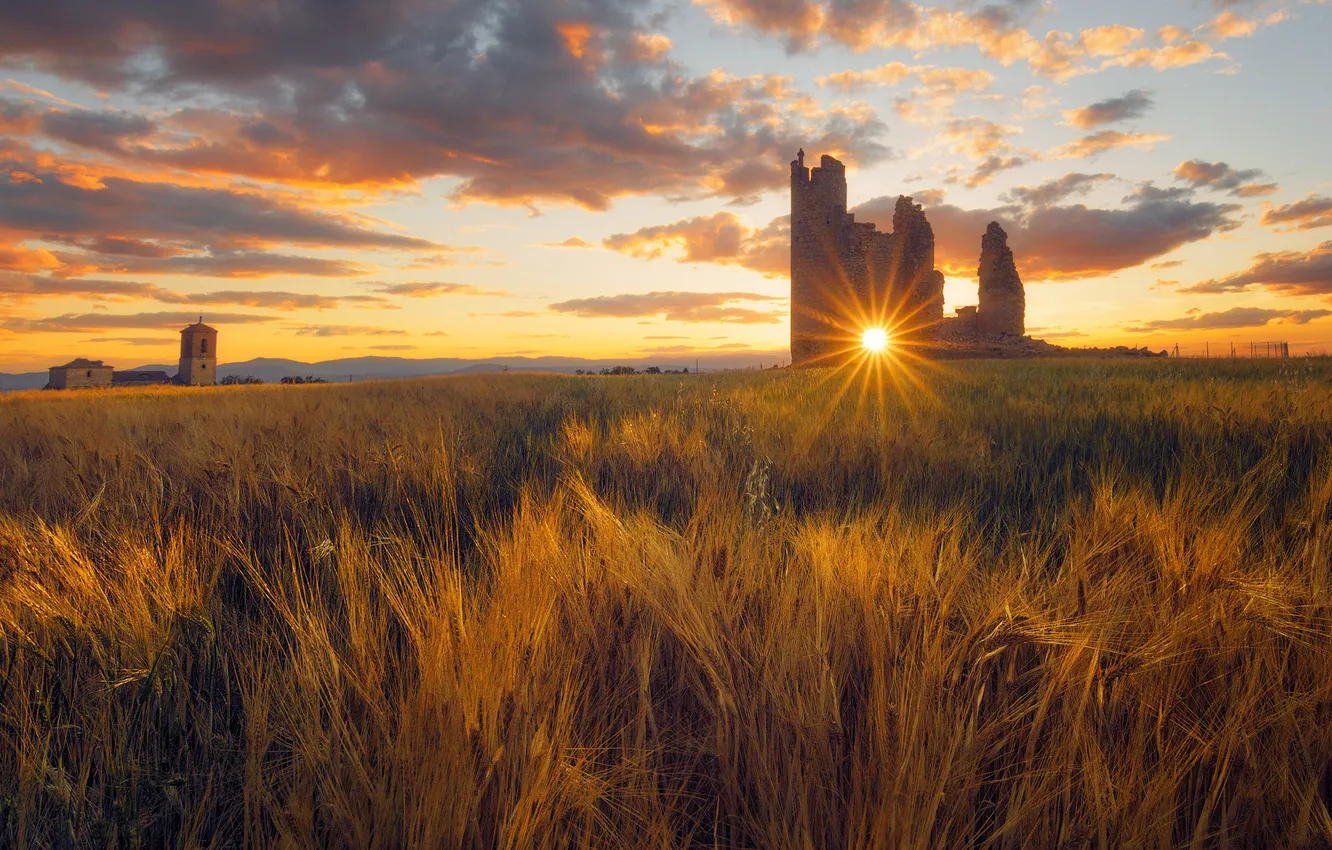 Photo wallpaper field, the sky, the sun, clouds, rays, sunset, castle, rye