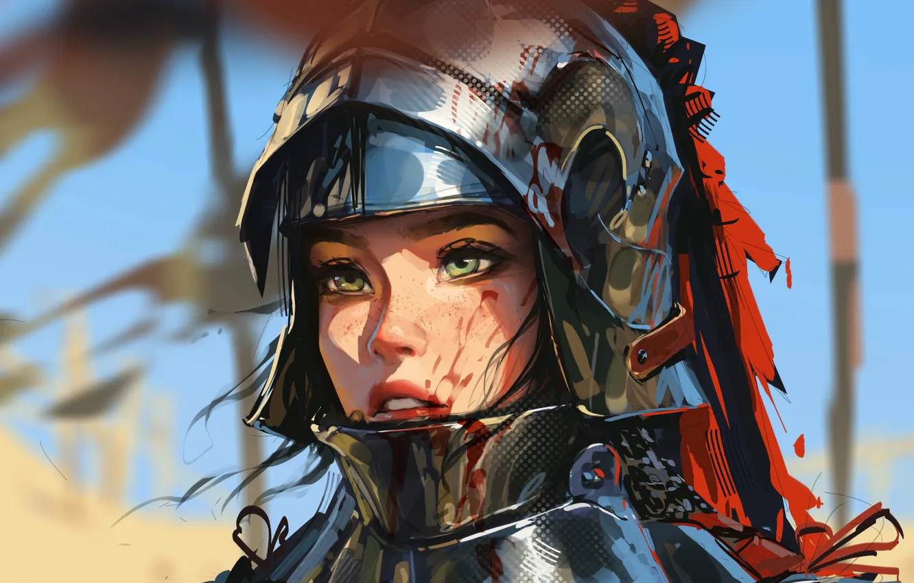 Photo wallpaper girl, blood, fantasy, armor, green eyes, Warrior, digital art, artwork