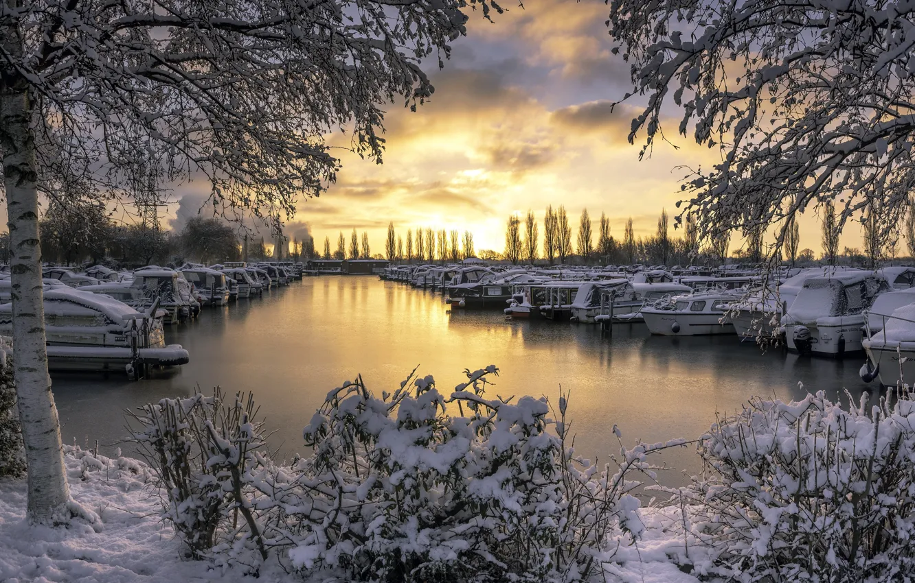 Photo wallpaper sunset, boat, port
