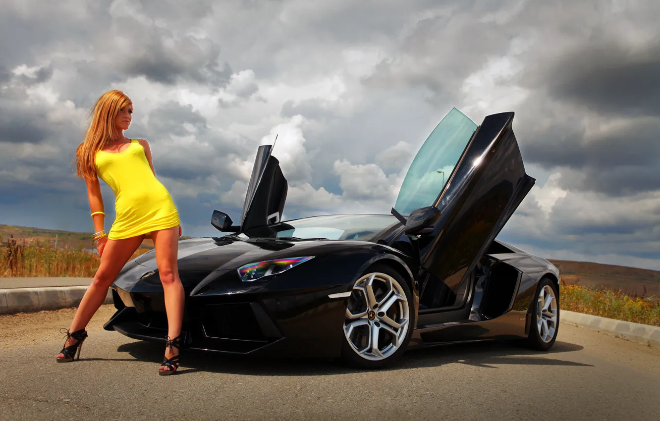 Photo wallpaper girl, sports car, car, Lamborghini Aventador, yellow dress