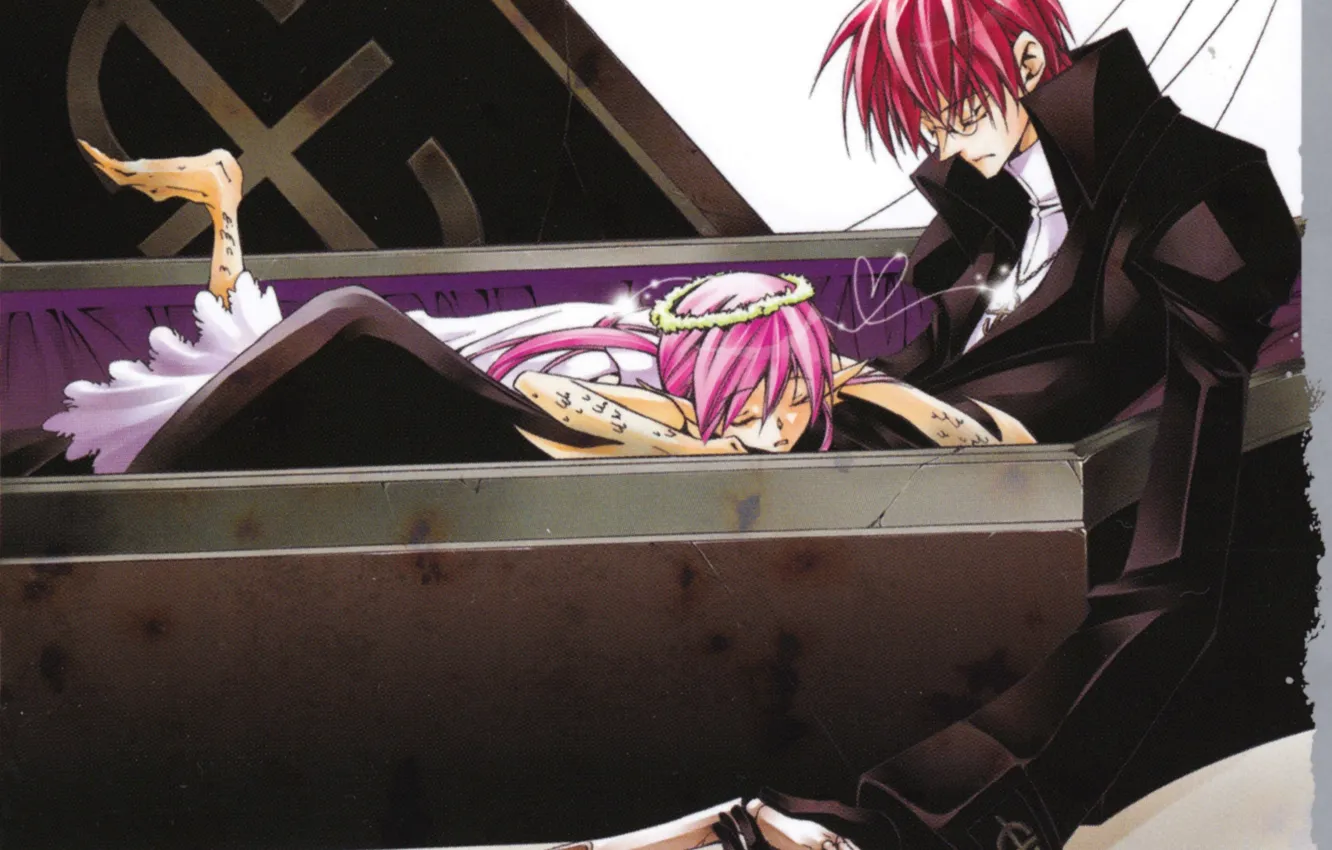Photo wallpaper bones, the coffin, two, wreath, pink hair, closed eyes, 07-Ghost, art, Yuki Mamiya