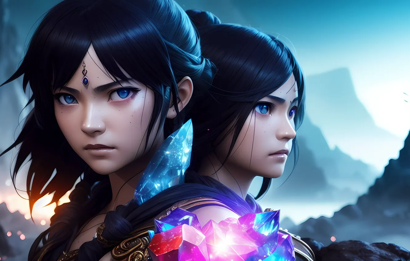 Photo wallpaper mountains, anime, figure, brunette, blue eyes, beautiful girls, digital art, AI art