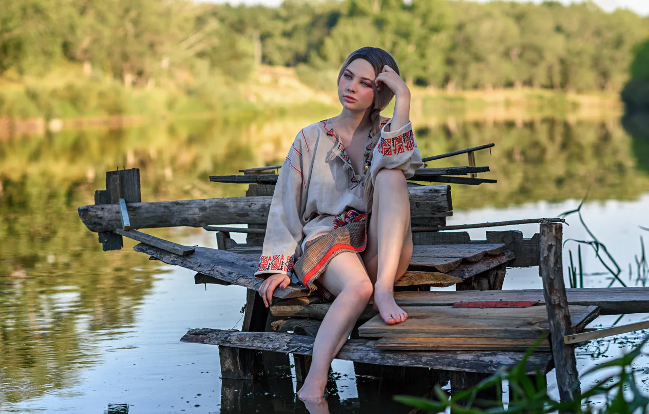 Photo wallpaper girl, nature, pose, barefoot, braid, bridges, pond, barefoot