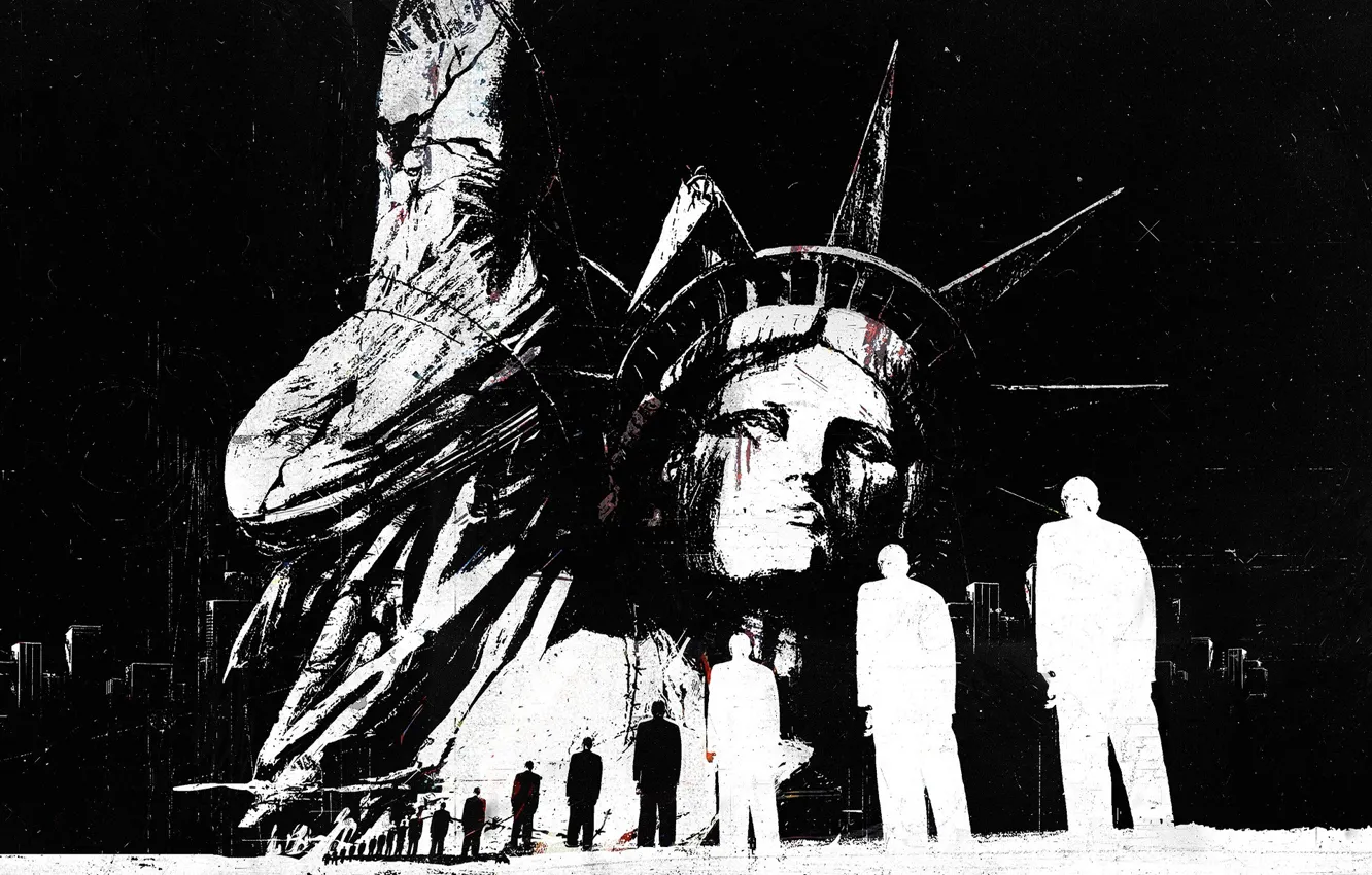 Photo wallpaper people, building, abstract, black and white, USA, America, the statue of liberty, grunge