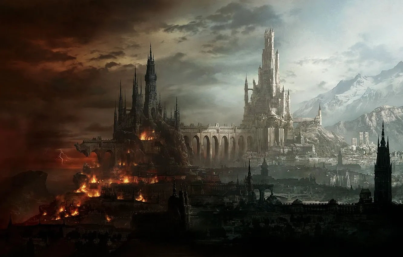 Photo wallpaper light, mountains, bridge, the city, lights, castle, lightning, fantasy