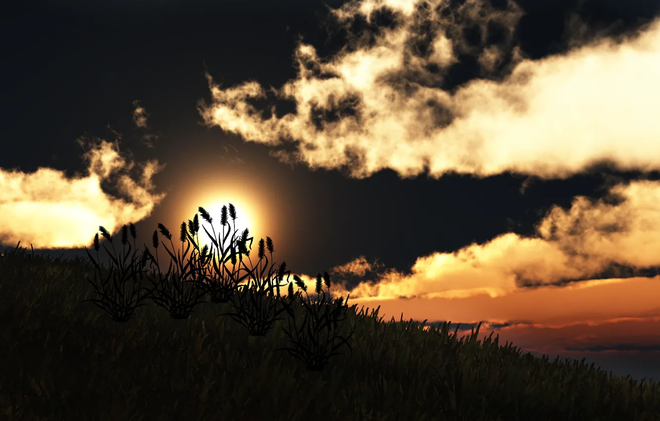 Photo wallpaper grass, the sun, clouds, sunset, nature, hill, art, silhouettes