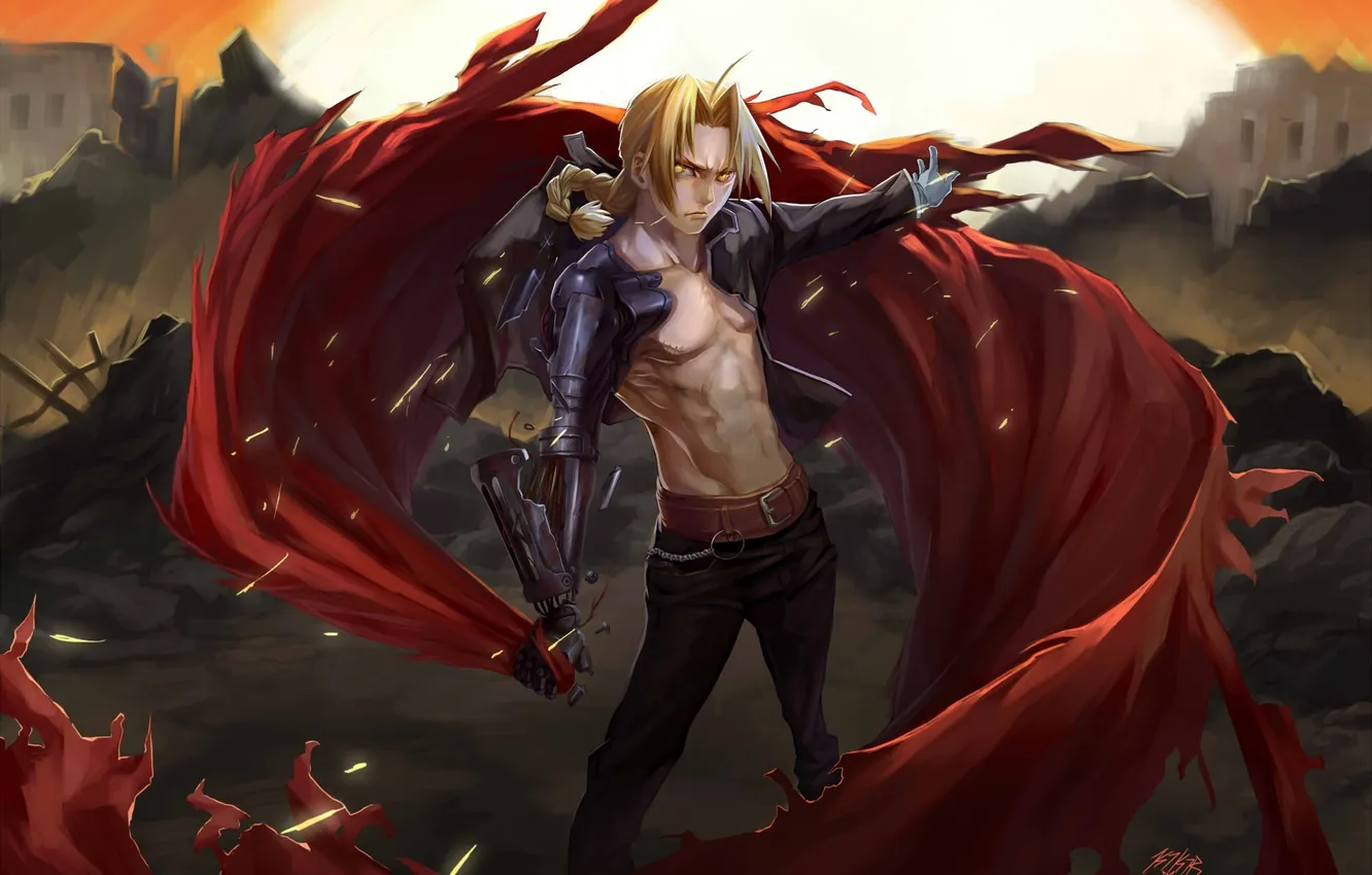 Photo wallpaper metal, hands, art, ruins, guy, cloak, edward elric, Fullmetal Alchemist