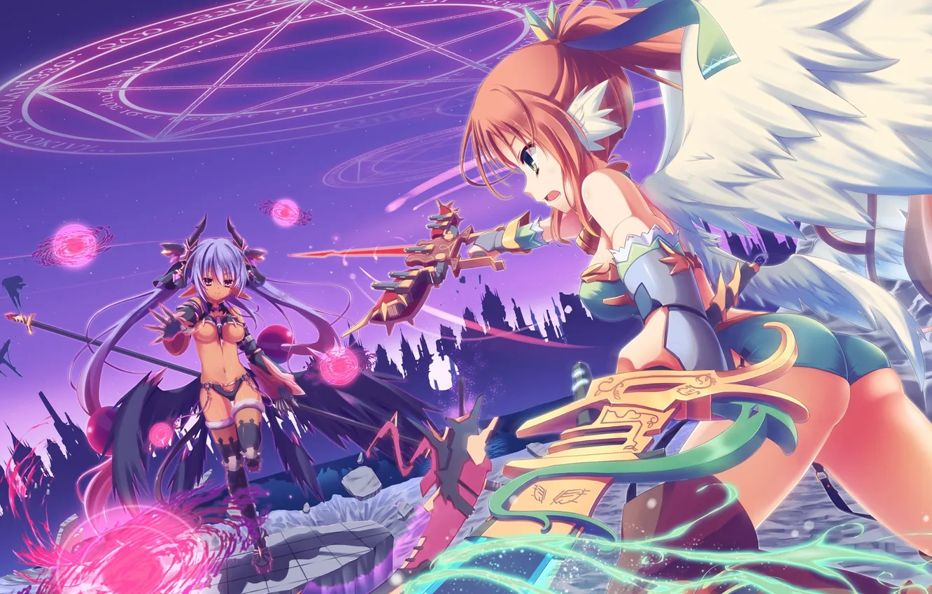 Photo wallpaper girl, weapons, magic, destruction, the battle, pentagram, art, yuzu modoki