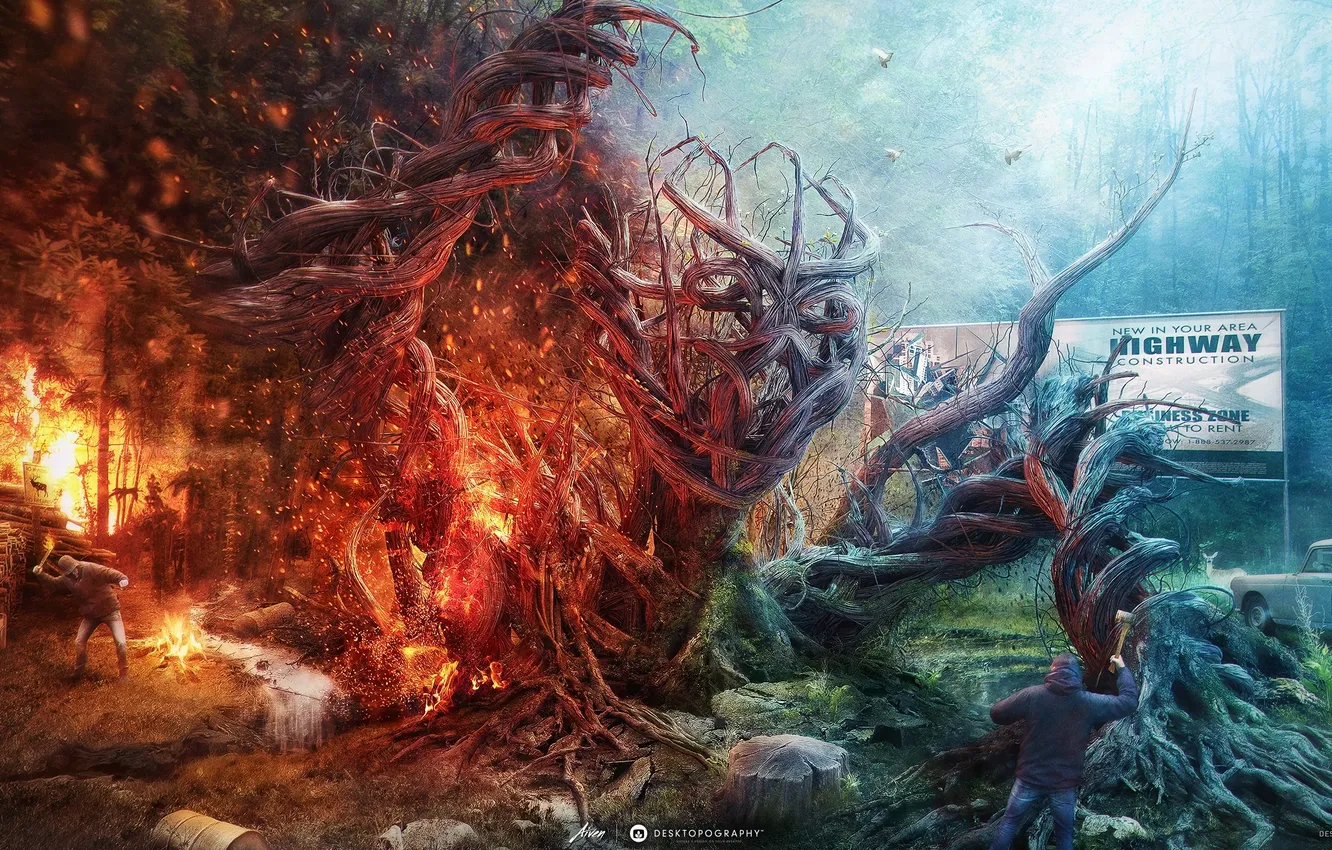 Photo wallpaper forest, lights, people, aggression, desktopography