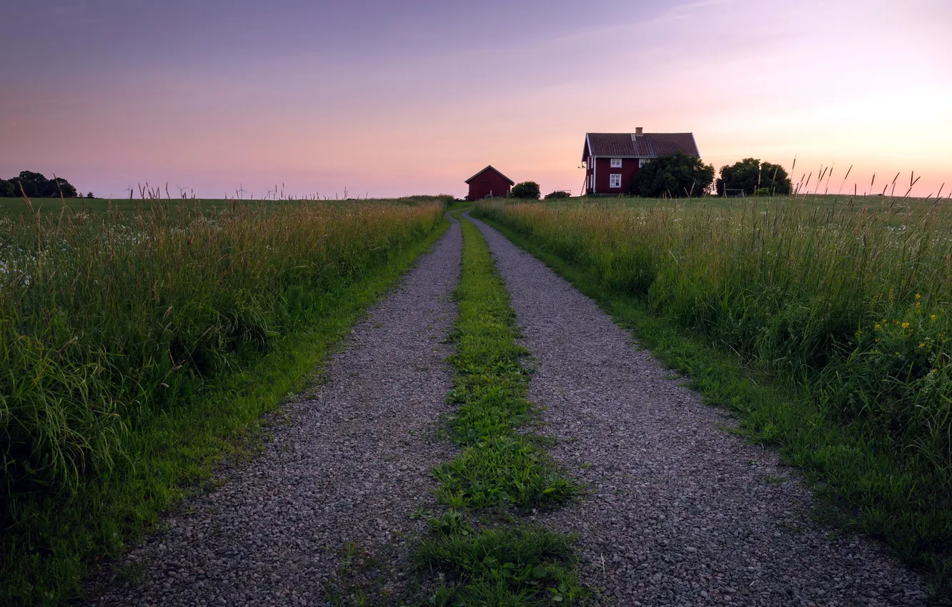 Photo wallpaper road, field, landscape, sunset, home