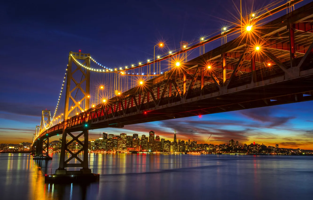Photo wallpaper bridge, the city, lights, river, the evening, twilight