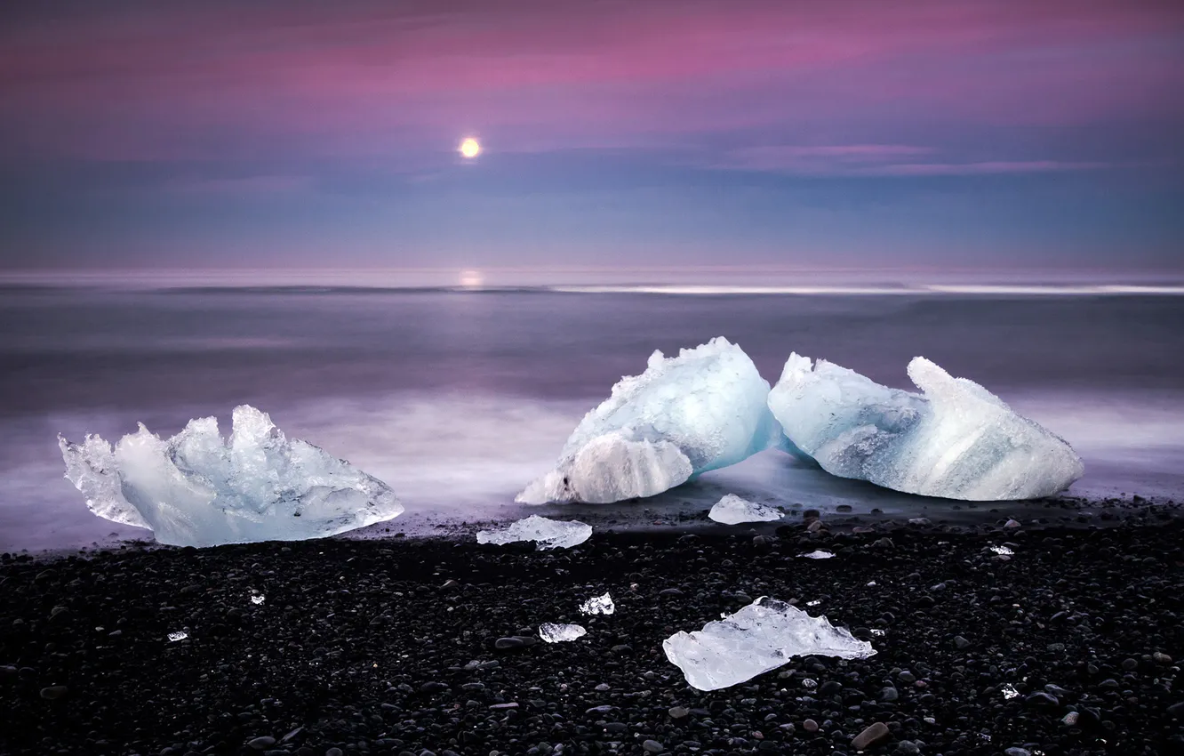 Photo wallpaper ice, sea, sunset, stones, ice, blocks