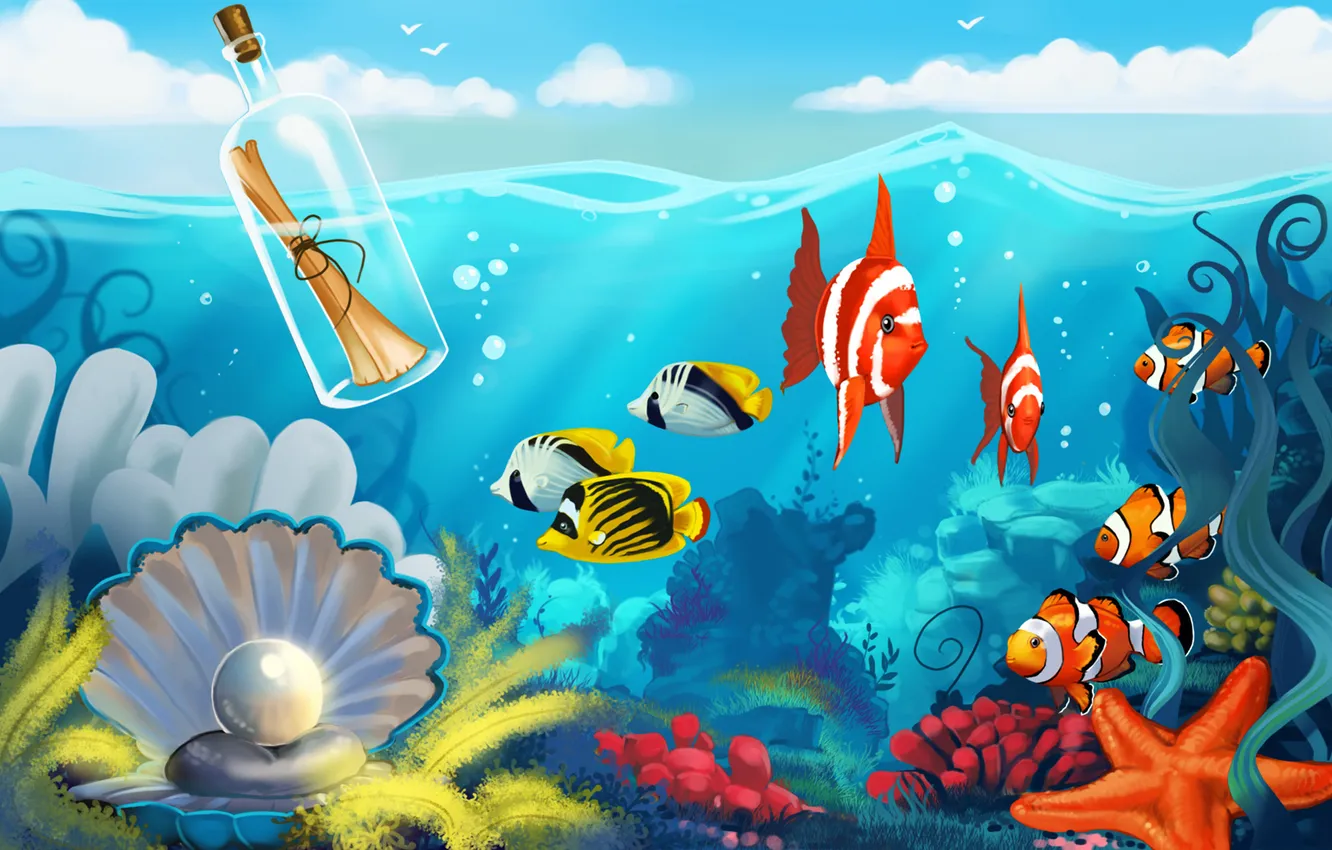 Photo wallpaper sea, letter, bottle, the bottom, fish, pearl, starfish