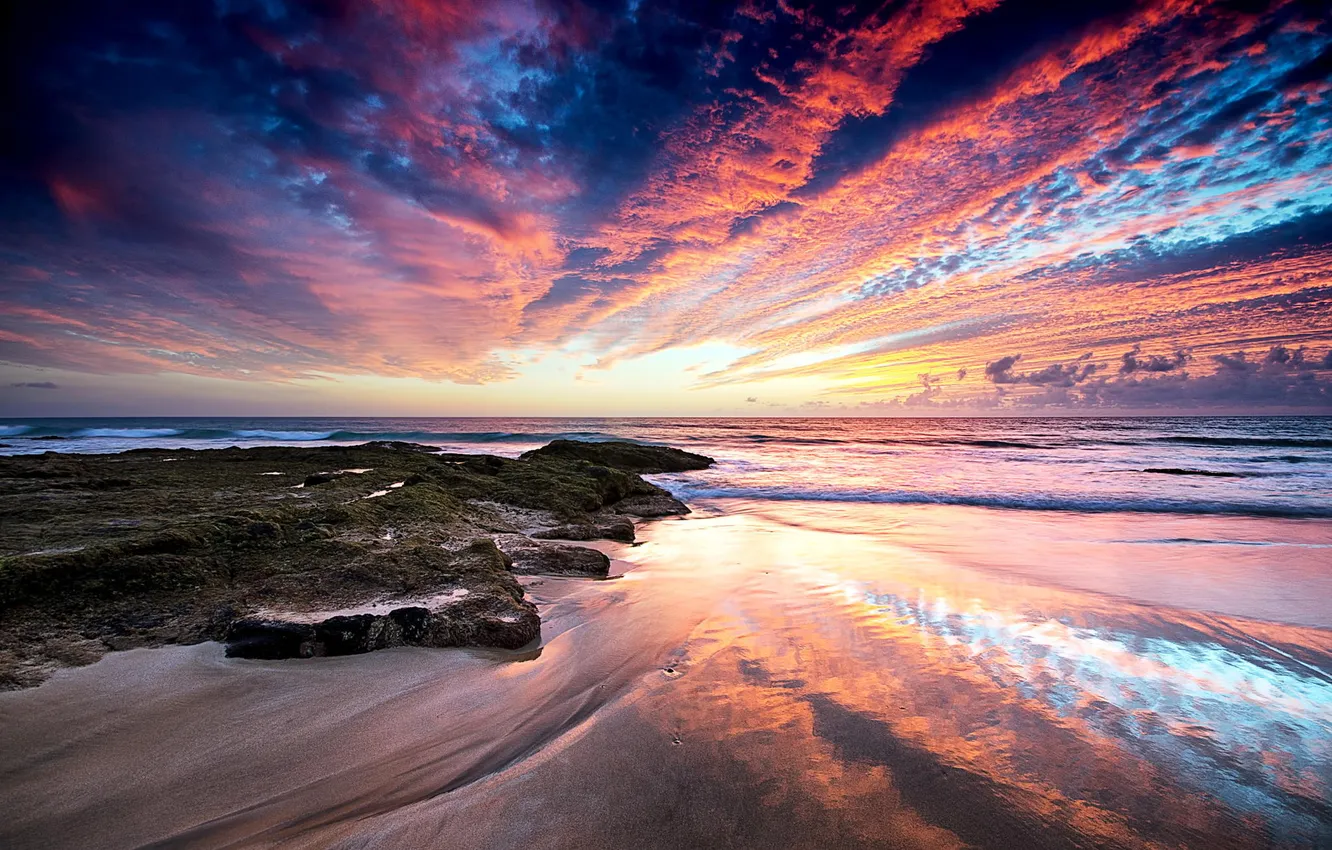 Photo wallpaper sand, beach, the ocean, rocks, dawn