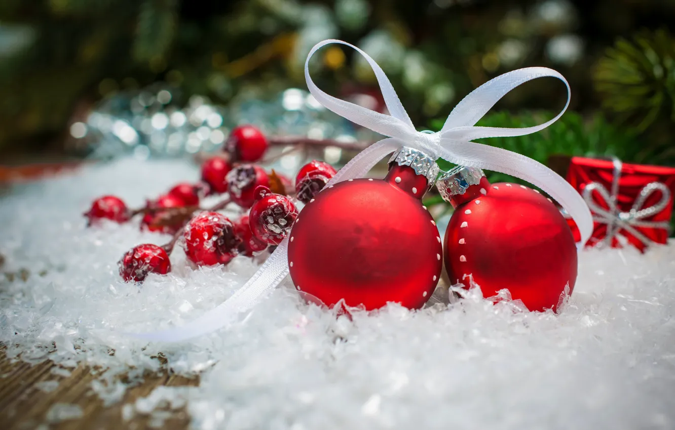 Photo wallpaper winter, snow, decoration, holiday, balls, Christmas, Happy New Year, Christmas