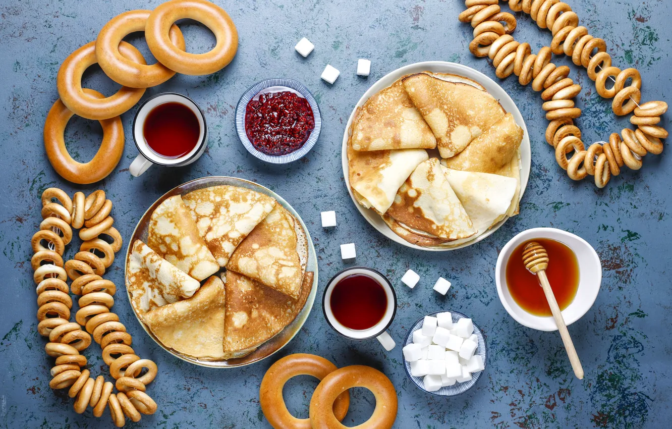Photo wallpaper table, tea, honey, plate, the tea party, Cup, sugar, bagels