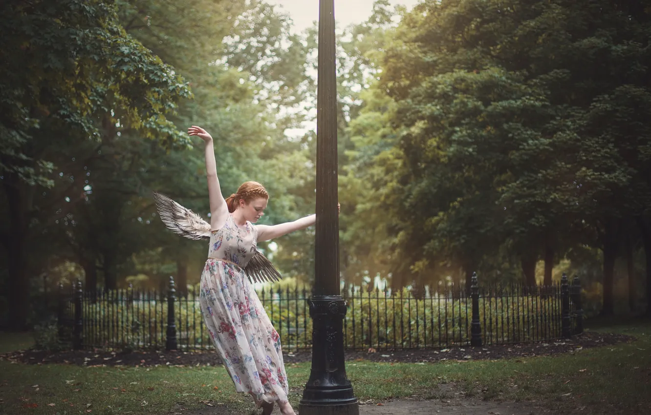 Photo wallpaper girl, pose, Park, mood, wings, post, dress, Caroline Sheehan