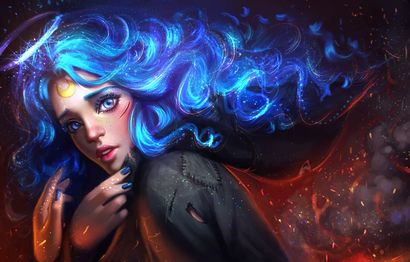 Photo wallpaper eyes, look, girl, blue, face, hair, art