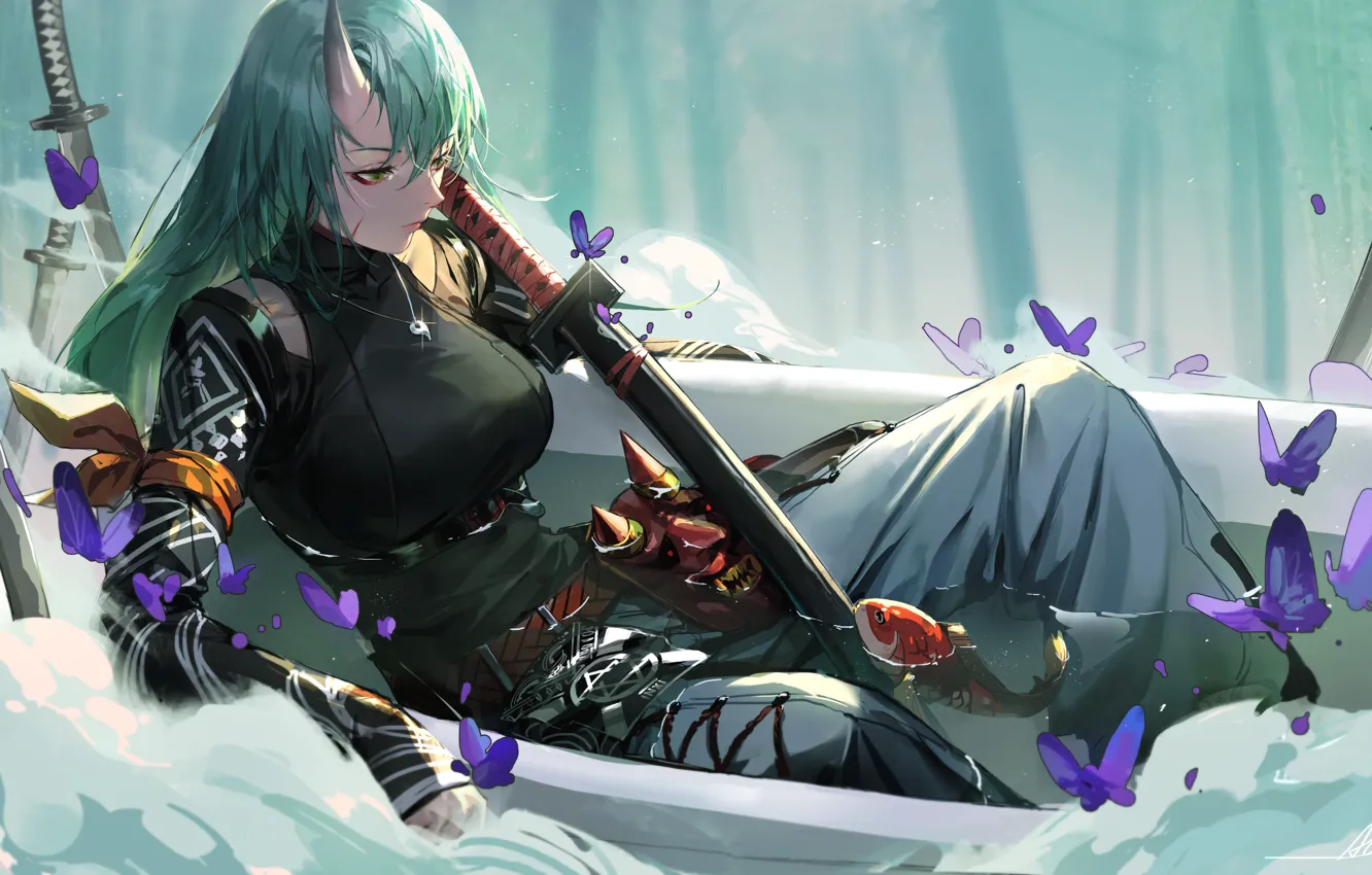 Photo wallpaper girl, butterfly, the game, sword, art, artist, bath, horns