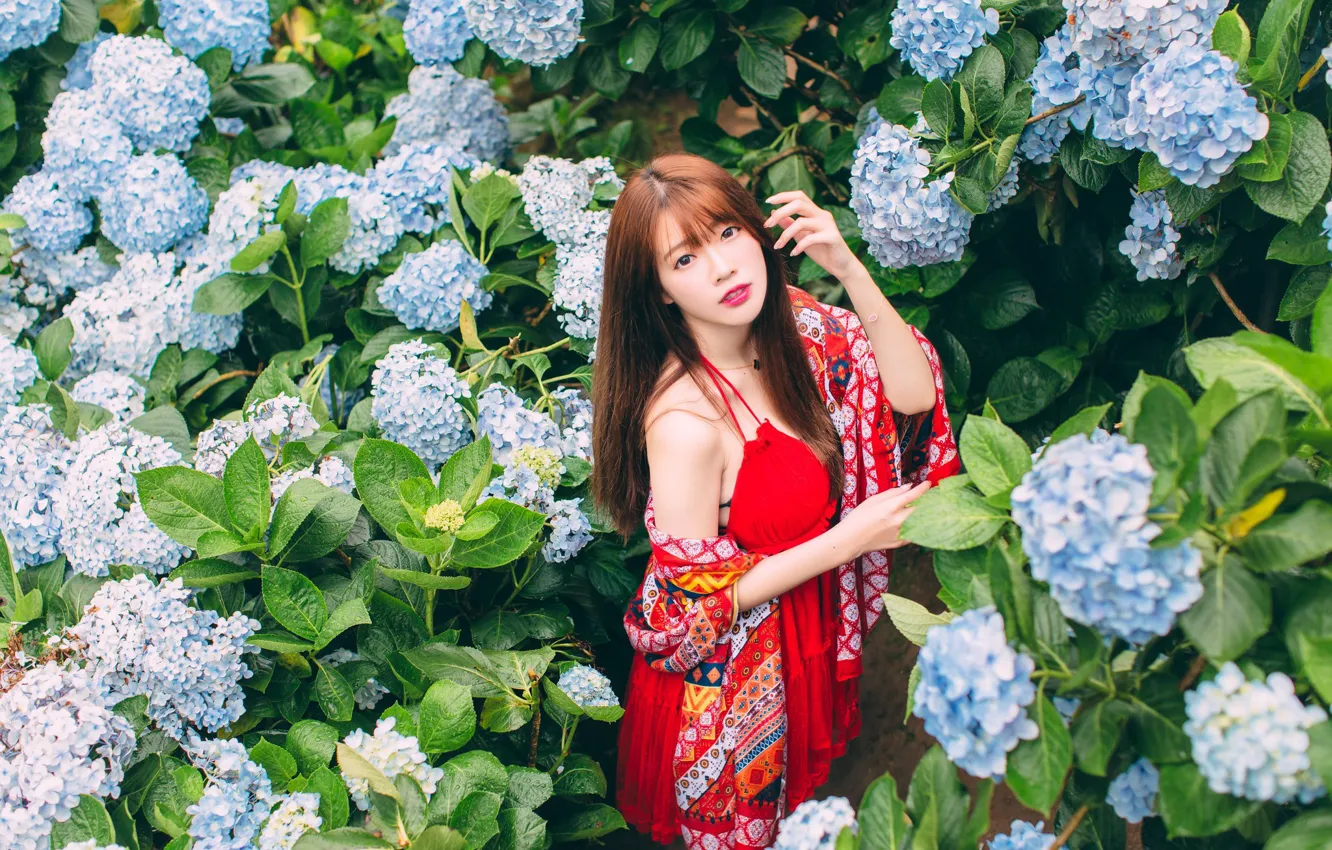 Photo wallpaper girl, flowers, Asian, cutie