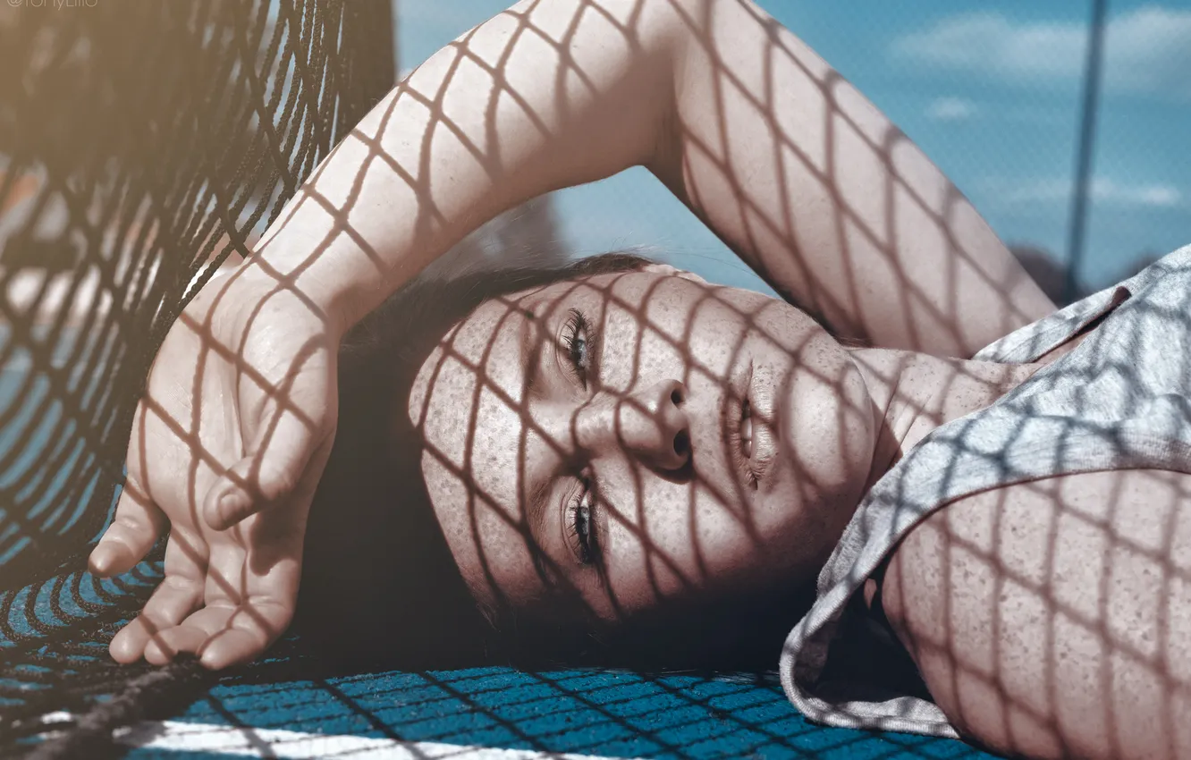 Photo wallpaper summer, the sky, girl, clouds, light, strip, mesh, shadow