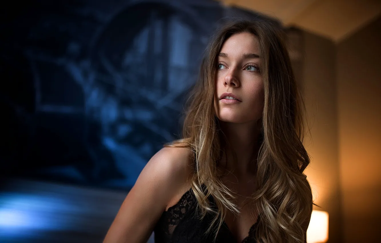 Photo wallpaper girl, portrait, makeup, hairstyle, cute, in black, Rus, Manthos Tsakiridis