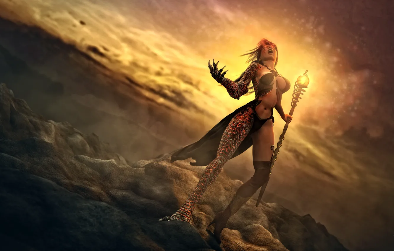Photo wallpaper the sky, stones, woman, staff, Dragon Magic