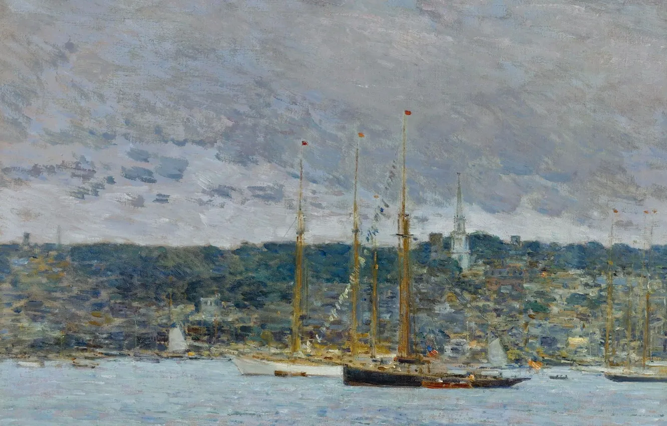 Photo wallpaper landscape, ship, picture, mast, Newport, Frederick Childe Hassam, Childe Hassam