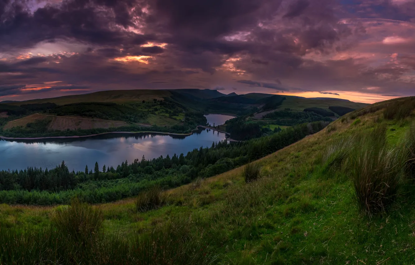 Photo wallpaper grass, mountains, clouds, hills, view, pond