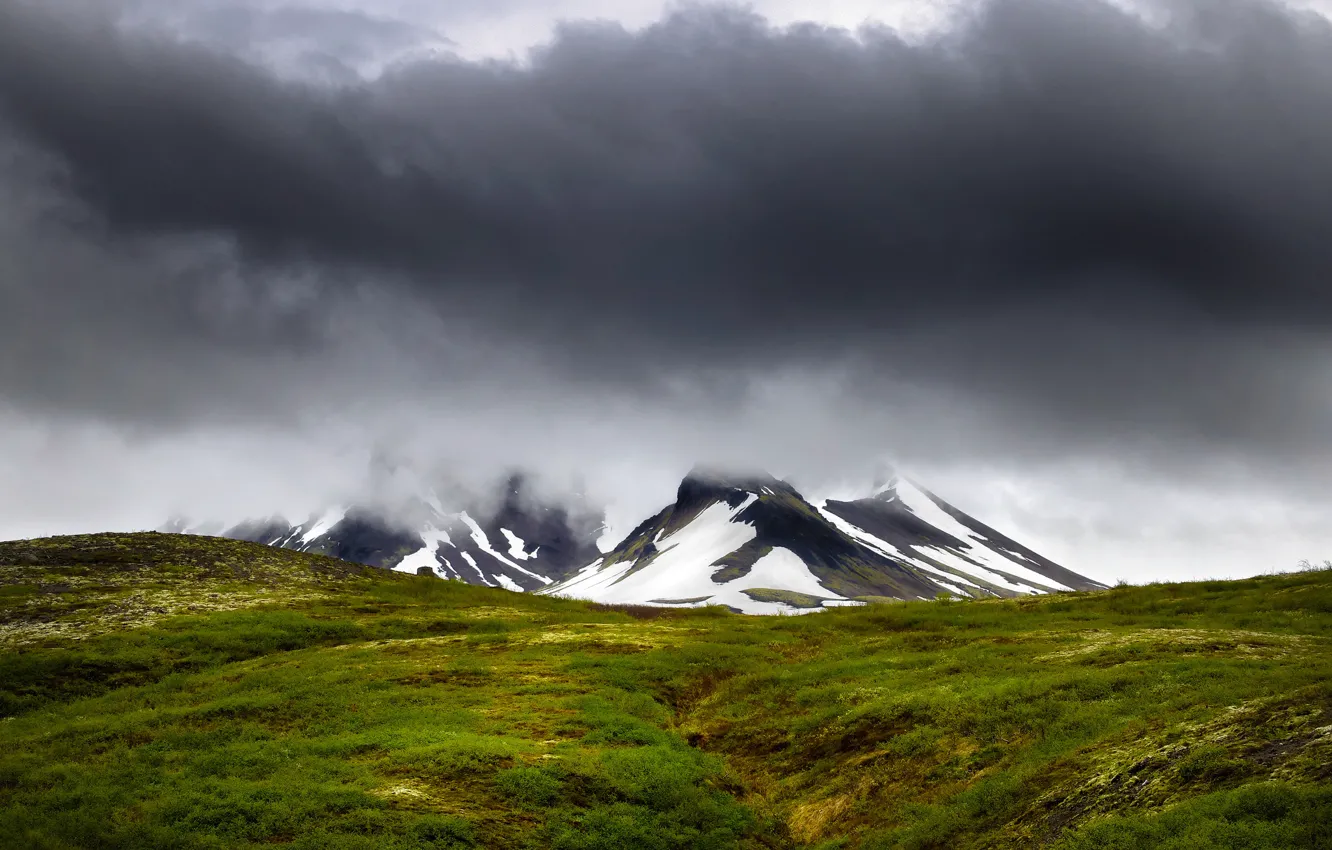 Photo wallpaper field, grass, mountains, storm, gray clouds