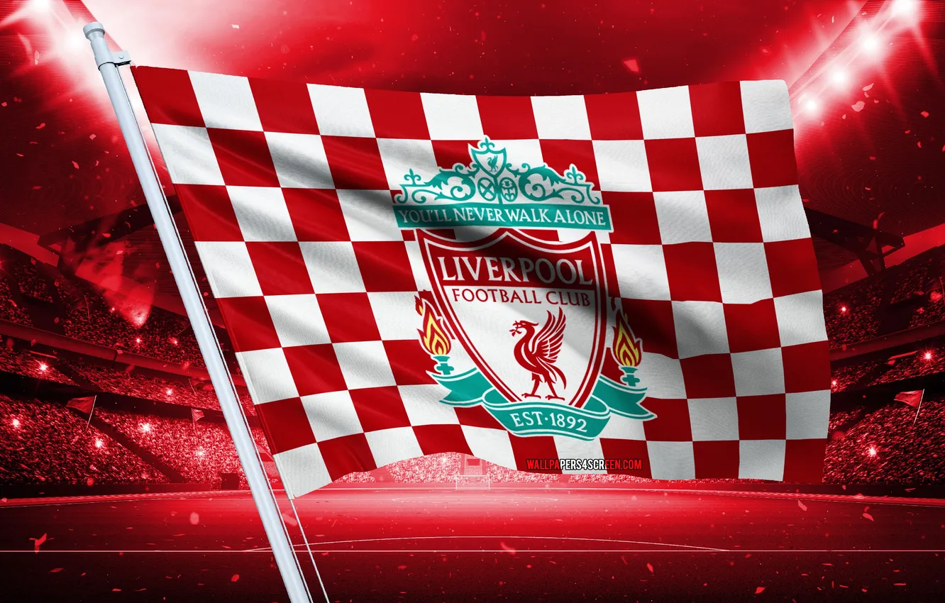 Photo wallpaper logo, stadium, football, flag, Liverpool, Liverpool FC, YNWA, Liverpool Football Club